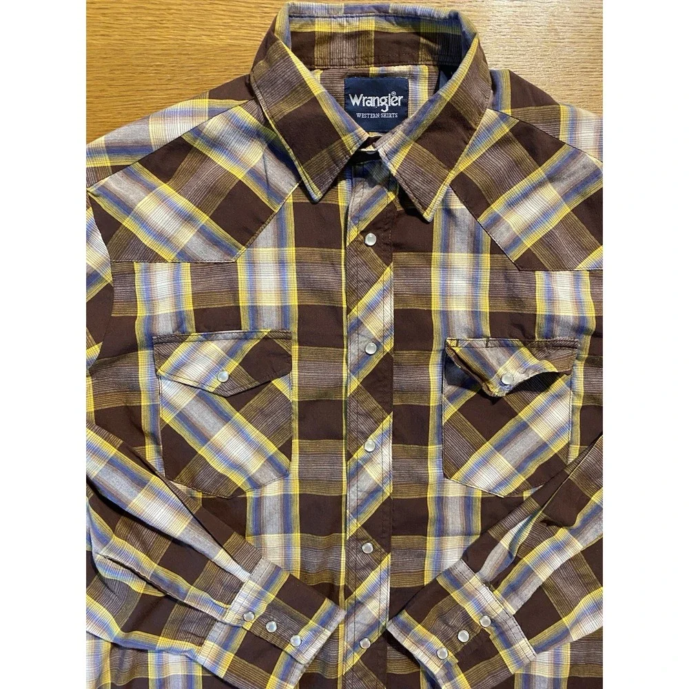 Wrangler Western‎ Shirt L Brown Yellow Check Pearl Snap Cowboy Rodeo 75204PP Y2K